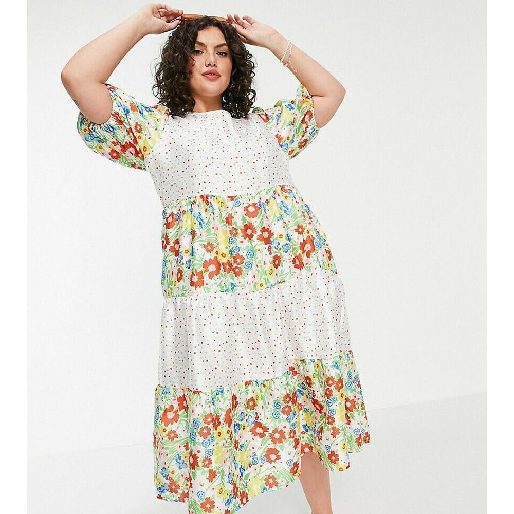 𝅺twisted Wunder Plus London Smock Midi dress 16 Mixed Patchwork Floral Dots